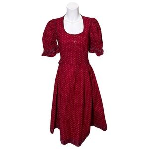 Vintage 60s Alphorn Red Traditional Austrian Folk Button Dress 100% Cotton Sz 6